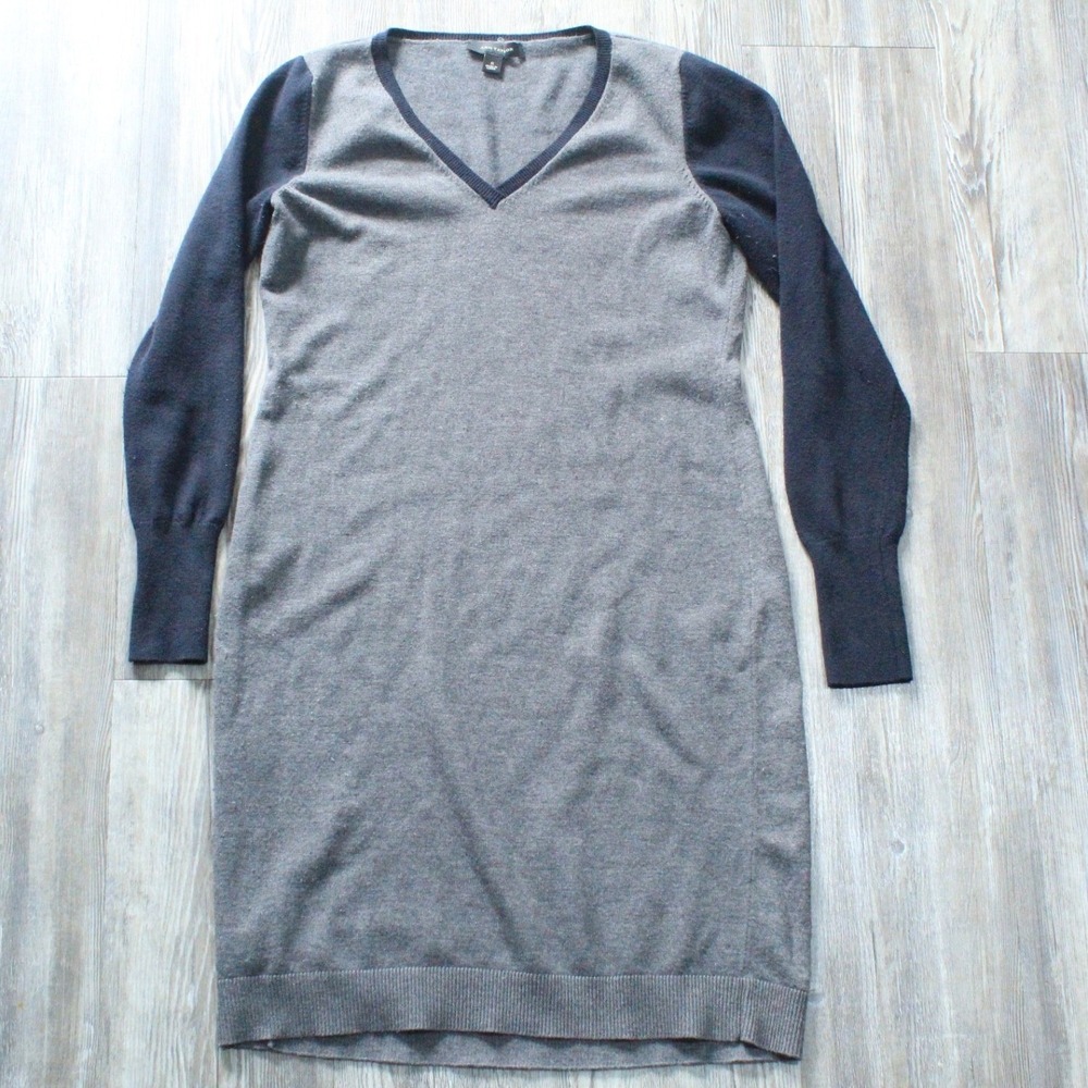 Ann Taylor Women's Small Gray Navy Colorblock V-Neck Wool Blend Sweater Dress